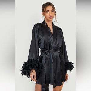 Boohoo Premium Feather Trim Satin Robe Black New with Tags